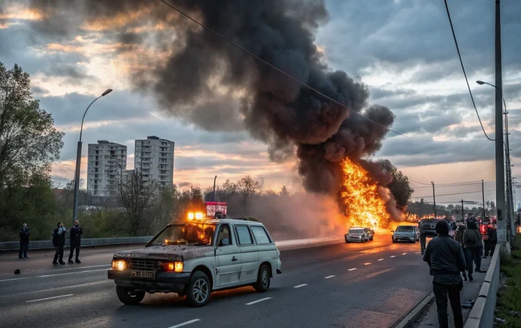 В Краснодаре автомобиль загорелся и взорвался на Ростовском шоссе
