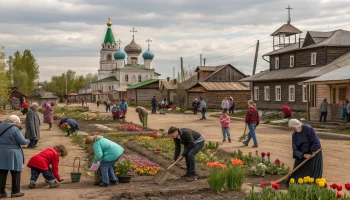 Субботник в Старощербиновской перед праздником Весны и Победы
