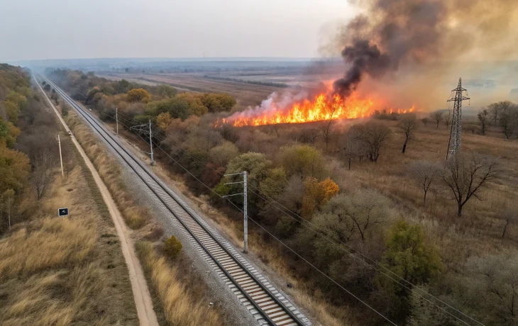 Обломки БПЛА вызвали возгорание сухой травы у ж/д путей в Крымском районе