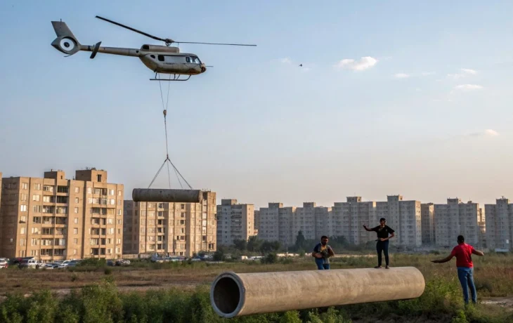 Вертолёт МЧС сбросил бетонную трубу во дворе сочинской многоэтажки