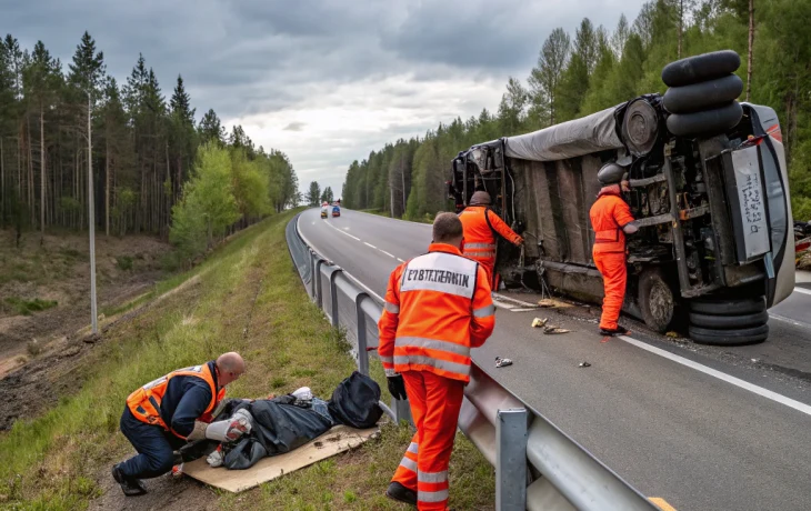 На Кубани спасатели вытащили водителя из перевернувшегося грузовика на трассе