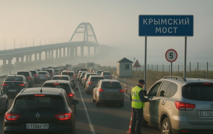 Утро на Крымском мосту: сотни машин в пробке у Тамани Утро на Крымском мосту: сотни машин в пробке у Тамани