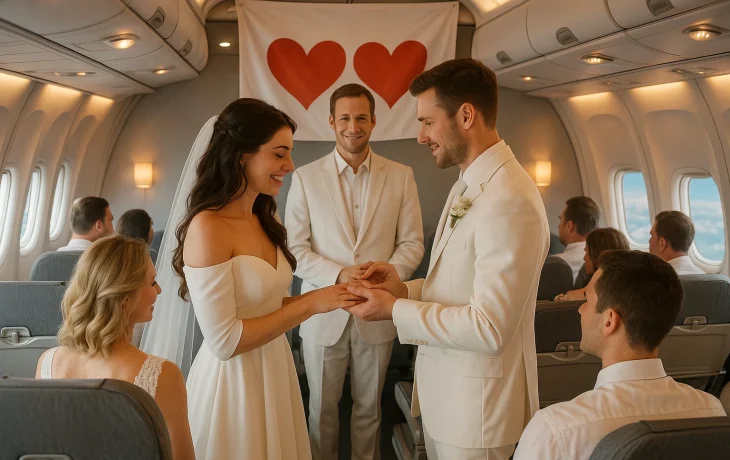 Восемь пар поженились на борту самолёта по пути в Сочи