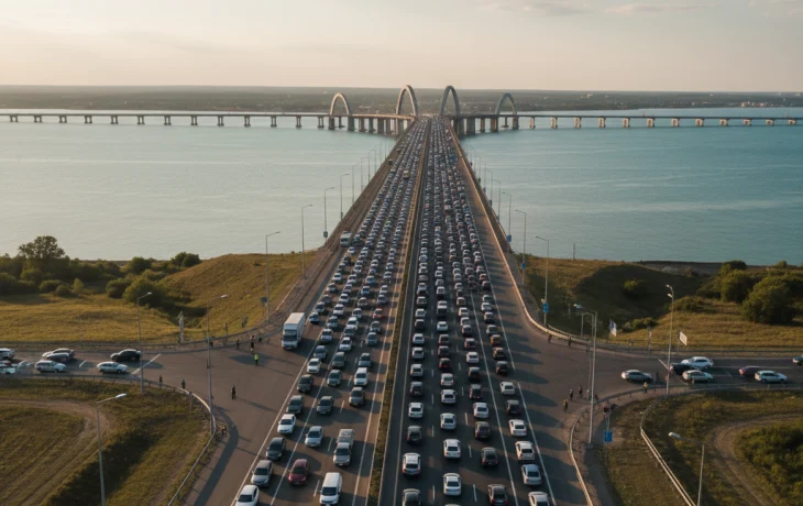 Заторы на подъезде к Крымскому мосту: со стороны Тамани растет очередь из машин