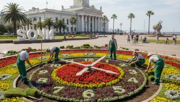 В Сочи началось обновление цветочных часов у Морского вокзала