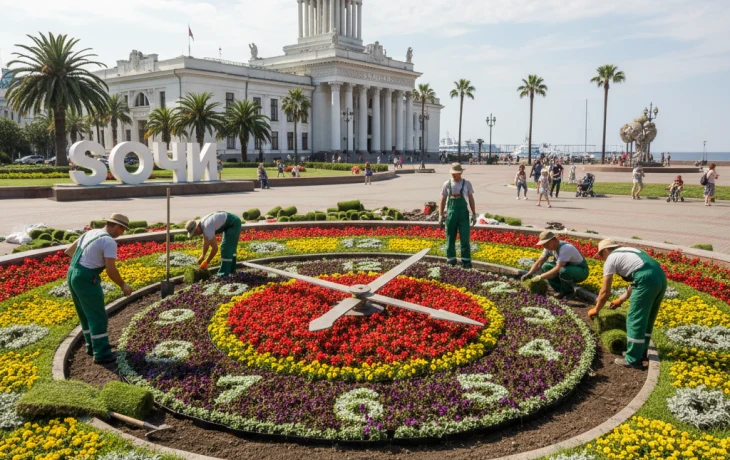 В Сочи началось обновление цветочных часов у Морского вокзала