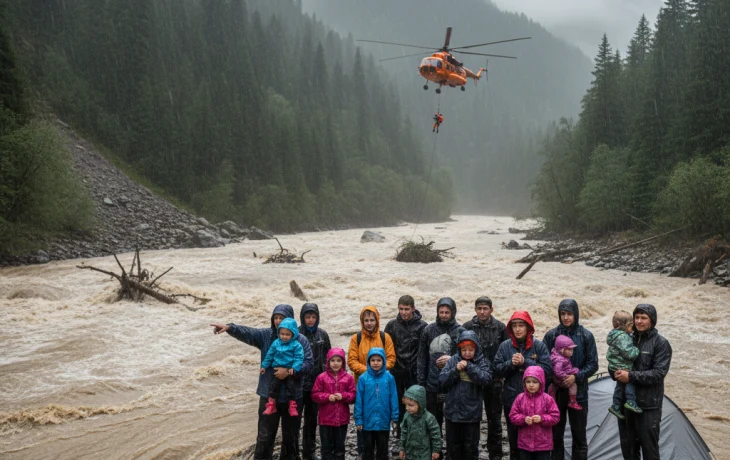 Группа туристов с детьми застряла в горах Краснодарского края из-за поднявшейся реки