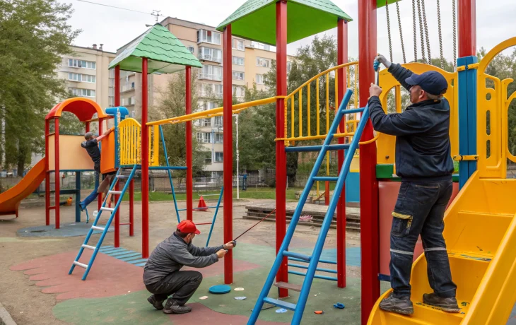 В Афипском продолжается ремонт и покраска детских площадок на улице Пушкина