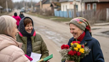 В Каневской волонтёры поздравили женщин с 8 Марта цветами и открытками на улицах станицы