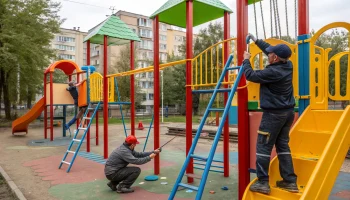 В Афипском продолжается ремонт и покраска детских площадок на улице Пушкина