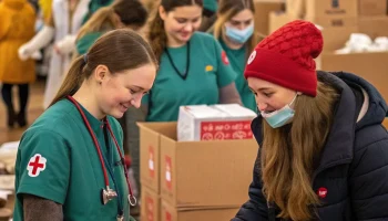 Студентки медколледжа Ейска ежедневно помогают пункту гуманитарной помощи