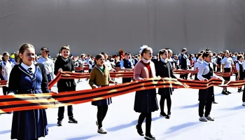 Краснодарские школьники развернули полуторакилометровую Георгиевскую ленту в День освобождения