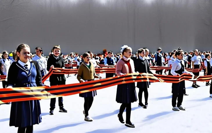 Краснодарские школьники развернули полуторакилометровую Георгиевскую ленту в День освобождения