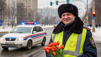 Сотрудники ДПС в Краснодаре дарят автоледи цветы к 8 Марта